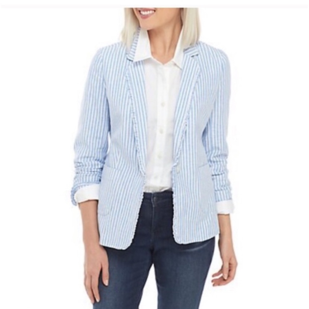 Crown & Ivy pinstripe ruffle trim blazer. Worn once. 128 retail